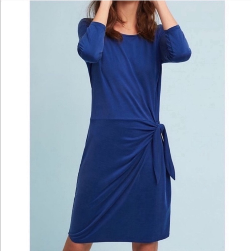 Anthropologie Dolan Tie Front Knit Dress Long Sleeve Blue Comfy 3/4 Sleeve Large